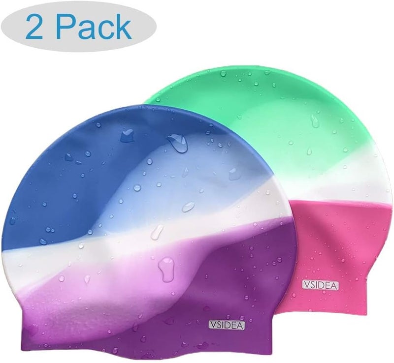 vsidea Silicone Swim Caps, 2 Pack Durable Comfortable Adult Swimming Cap Elastomeric for Women Man Short Hair Long Hair - Image 2